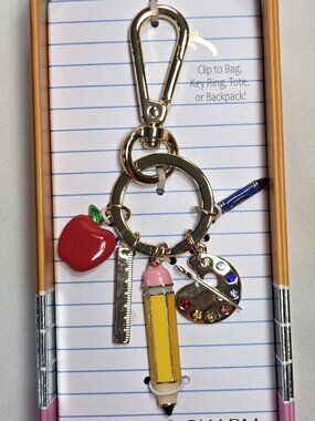 NIB True to Form Teacher Bag Charm Keychain Gold Apple Pencil School New Box